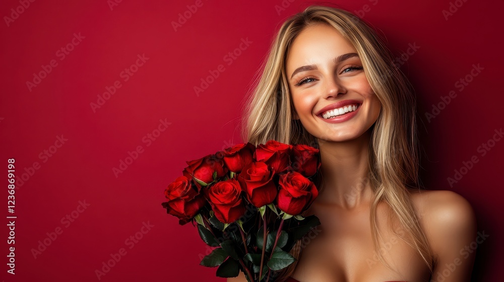 Smiling young woman with blonde hair holds a bouquet of red roses against a deep red background. The lighting is soft and warm, highlighting her Smiling young woman with blonde hair holds a bouquet of red roses against a deep red background. The lighting is soft and warm, highlighting her