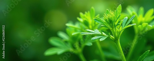 Fresh green sprig of dill with dew drops glistening on its surface, garden, botanicals