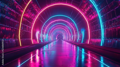 A futuristic tunnel lined with vibrant neon lights in shades of pink and blue. The reflective walls enhance the glowing colors, creating an immersive and atmospheric environment. The tunnel appears to