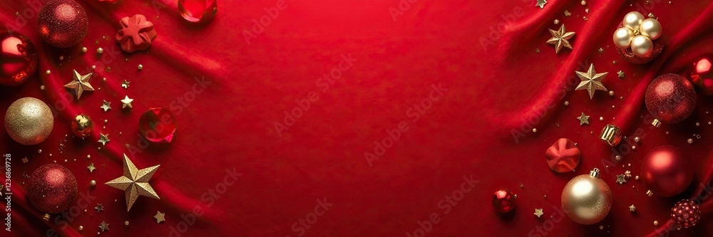 Decorative ornaments scattered on a red velvet surface, decorative accents, gold ornaments Decorative ornaments scattered on a red velvet surface, decorative accents, gold ornaments