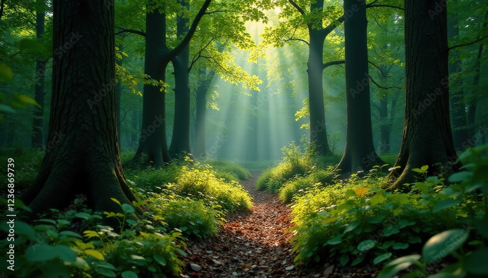 Obraz premium Dark forest floor with bright green foliage and fine webbing, autumnal, webbing