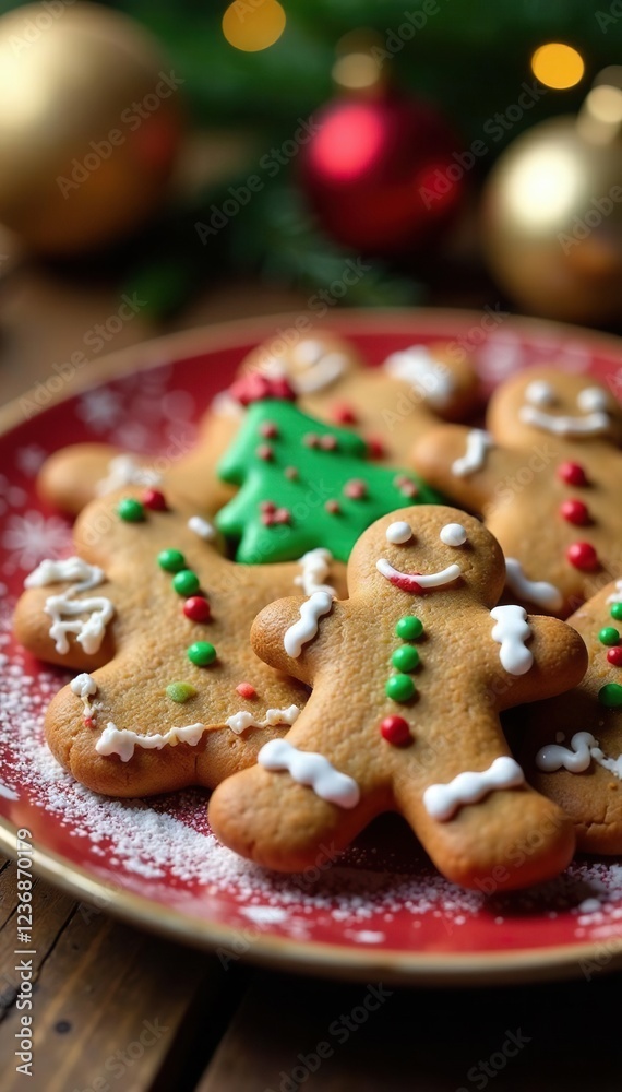 A festive plate of gingerbread cookies with red and green icing, icing, dessert, gingerbread A festive plate of gingerbread cookies with red and green icing, icing, dessert, gingerbread