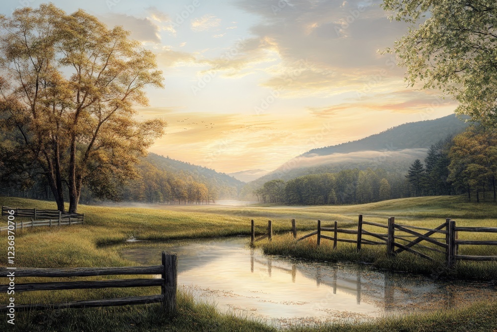 Fototapeta premium Serene sunrise over misty valley farmland.