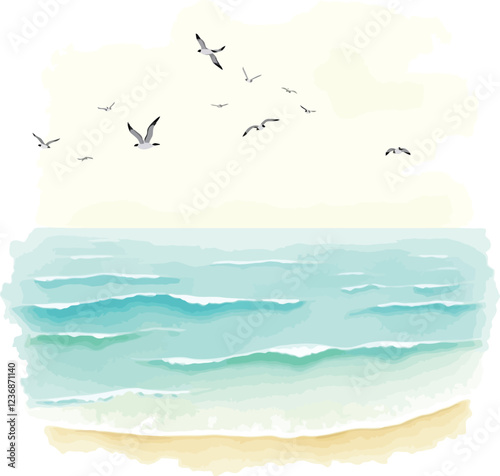 A watercolor scene featuring seagulls in flight over the serene