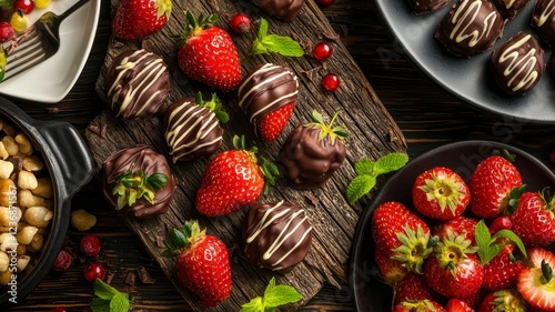Healthy snacks low-calorie vegan concept. A vibrant assortment of chocolate-covered strawberries and fresh berries, beautifully arranged on rustic wooden and dark plates, garnished with mint leaves.