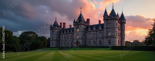Dunrobin Castle's impressive facade, dramatic sky , travel, photography, design