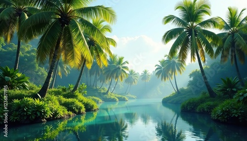 Palm trees sway gently in the breeze amidst a lush green oasis, serene atmosphere, nature, water reflection