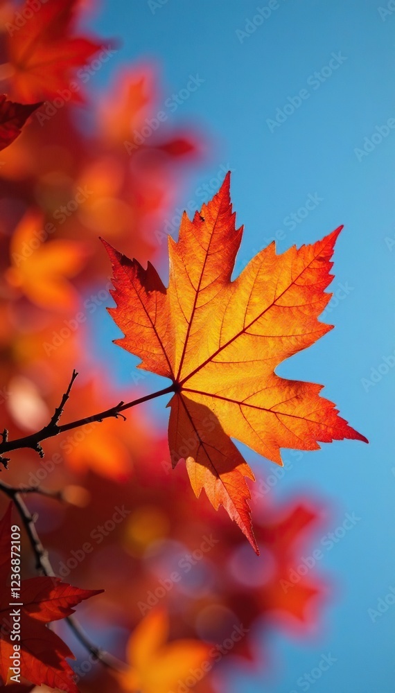 Fiery orange and red hues of glowing autumn leaves against a clear blue sky, leaf, orange Fiery orange and red hues of glowing autumn leaves against a clear blue sky, leaf, orange