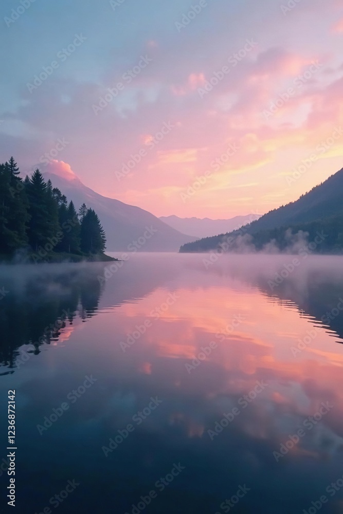 Fototapeta premium Foggy lake on a serene evening with soft focus, serene, mist, evening