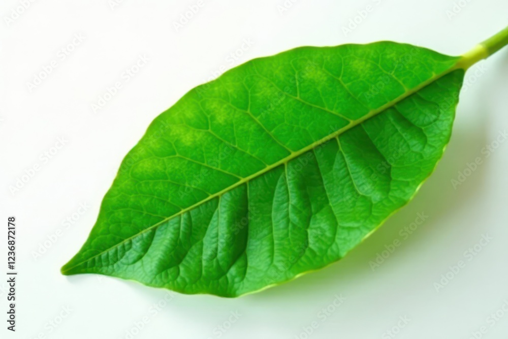 Obraz premium Close-up of a single lush green cocoa leaf against pure white, leaf shape, cacao