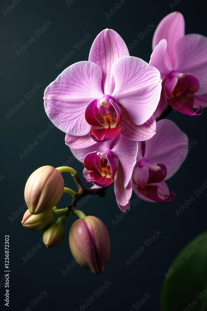 Obraz premium Orchids with intricate details on a lush green stem, botanical, orchid