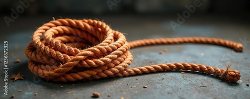 Rope coil on the ground with an unattached end, hang, rope twist, twine