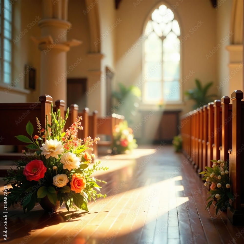 Sunlit flower arrangements on the aisle of a chapel, chapel decor, sunlit, flowers on aisle Sunlit flower arrangements on the aisle of a chapel, chapel decor, sunlit, flowers on aisle