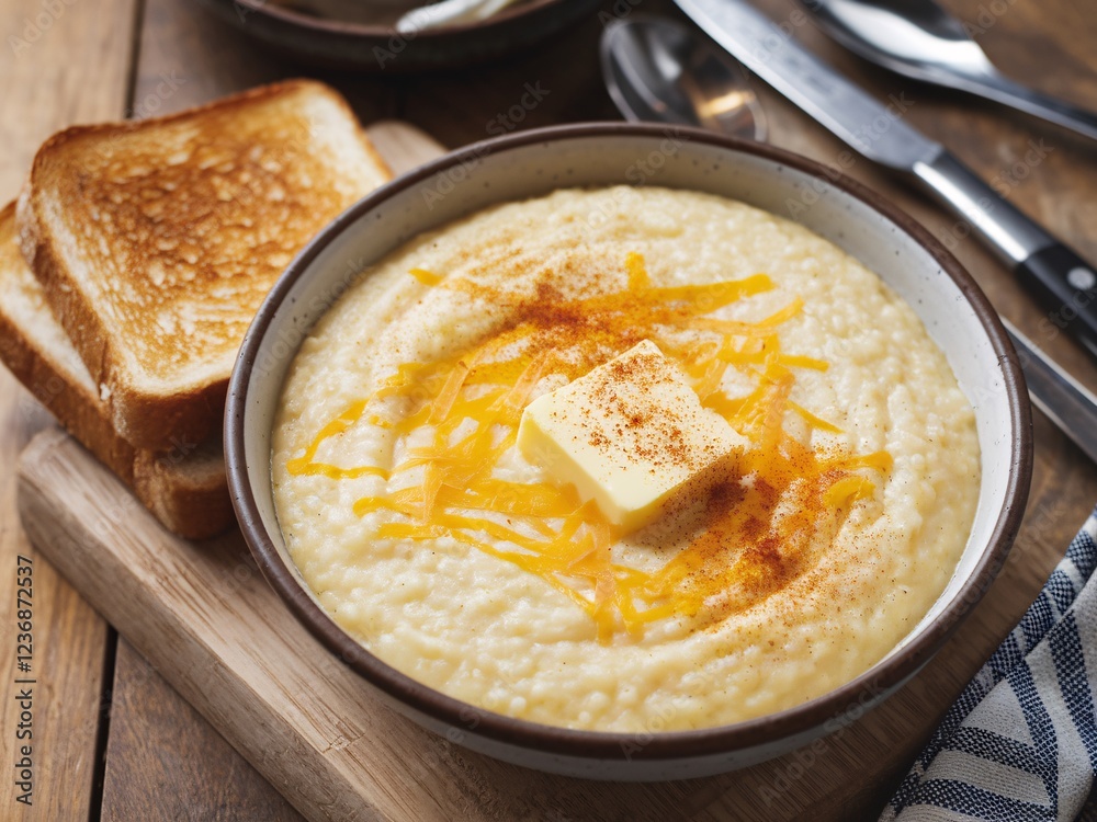 Creamy cheese grits with toasted bread slices. Creamy cheese grits with toasted bread slices.