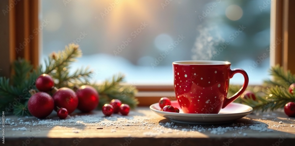 Fototapeta premium A cozy winter morning scene with a red dotted mug, mug, table