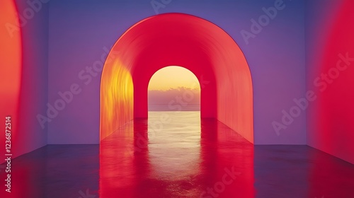 Red Archway Leads to Serene Sunset Ocean View photo