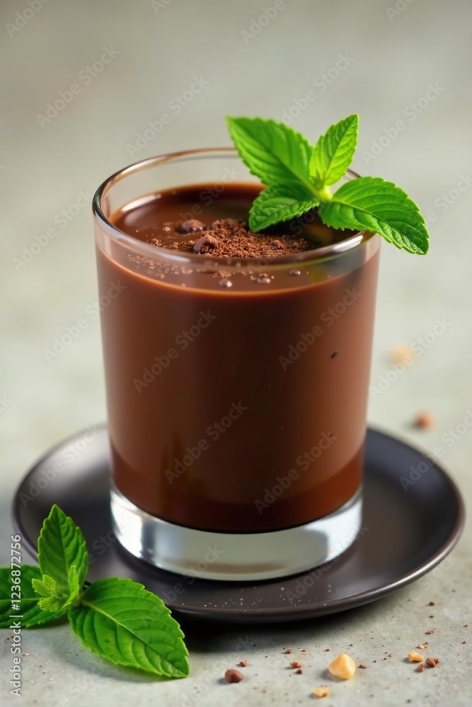 Fresh mint leaves scattered around the rim of a glass filled with dark chocolate liquid, chocolate, dessert Fresh mint leaves scattered around the rim of a glass filled with dark chocolate liquid, chocolate, dessert