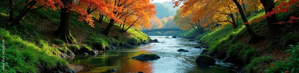 A serene forest stream with lush greenery and autumnal colors at Pigeon Nang bridge, Pocheon Seoul, trees, landscape A serene forest stream with lush greenery and autumnal colors at Pigeon Nang bridge, Pocheon Seoul, trees, landscape