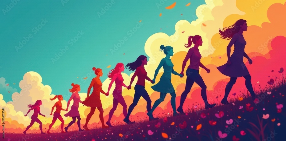 Obraz premium Determined figures striding forward, unified Celebrating International Women's Day , sisterhood, achievement