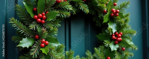 Wallpaper Mural A festive wreath made of evergreen branches and holly leaves on a door or wall, holly wreath, holiday wreaths Torontodigital.ca