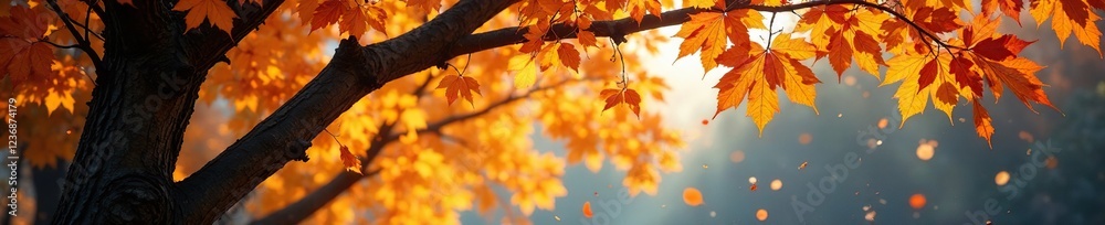 Turbulent whirlwind of golden autumn leaves surrounds the bare branches of winter, tree, leaves Turbulent whirlwind of golden autumn leaves surrounds the bare branches of winter, tree, leaves