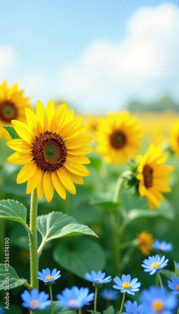 Sunflower fields with bright yellow flowers and blue forget-me-nots scattered on a clean white surface, blue flowers, , field Sunflower fields with bright yellow flowers and blue forget-me-nots scattered on a clean white surface, blue flowers, , field