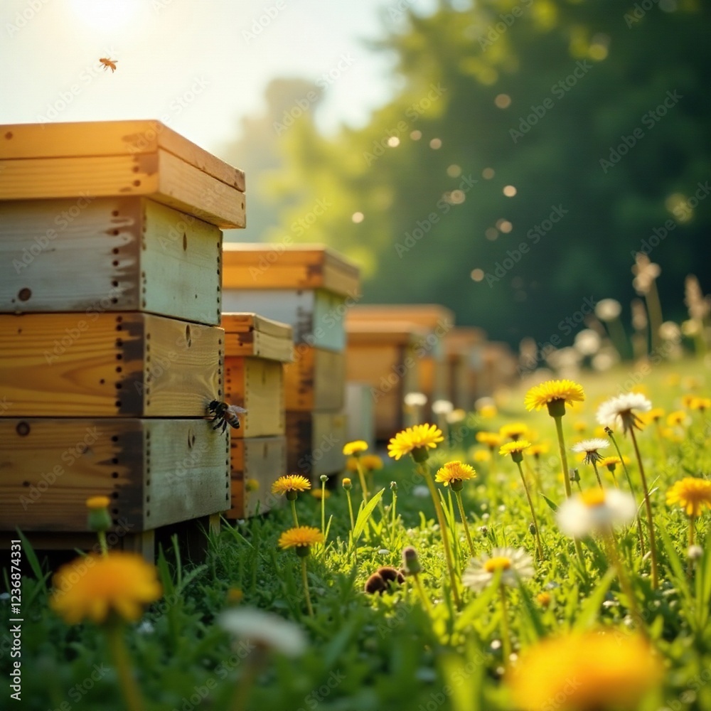 Bee hives in a sunny meadow with dandelions and yellow buttercups, hive, beekeeper Bee hives in a sunny meadow with dandelions and yellow buttercups, hive, beekeeper