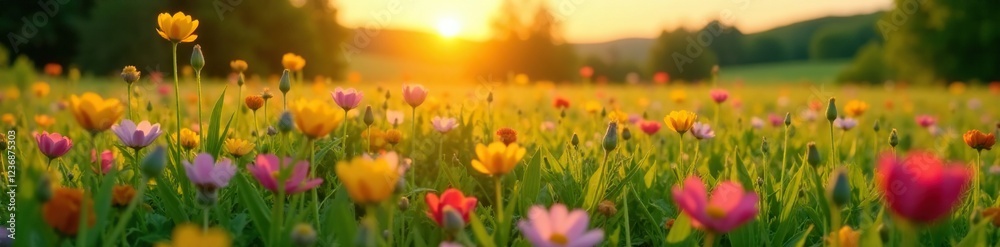 A bed of Mohnblumen in a lush green meadow at sunrise, flowers, blossom A bed of Mohnblumen in a lush green meadow at sunrise, flowers, blossom