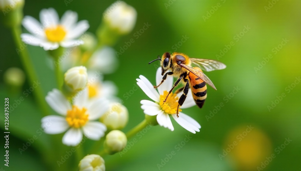 Yellow and black striped bee hovering above white flowers, yellow and black, bees, insects Yellow and black striped bee hovering above white flowers, yellow and black, bees, insects