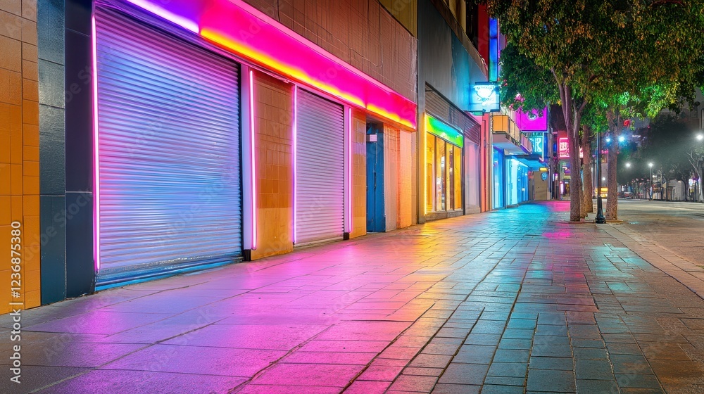 Vibrant Urban Night Scene with Neon Lights and Reflective Pavement