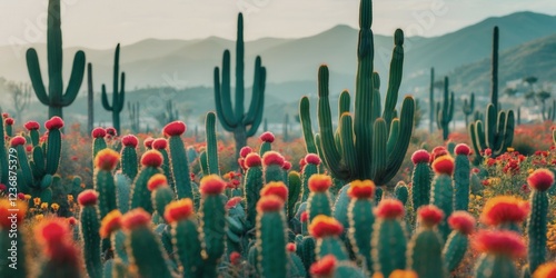 A field of cacti with red flowers. The cacti are tall and green, and the flowers are bright red. The scene is peaceful and serene, with the cacti
