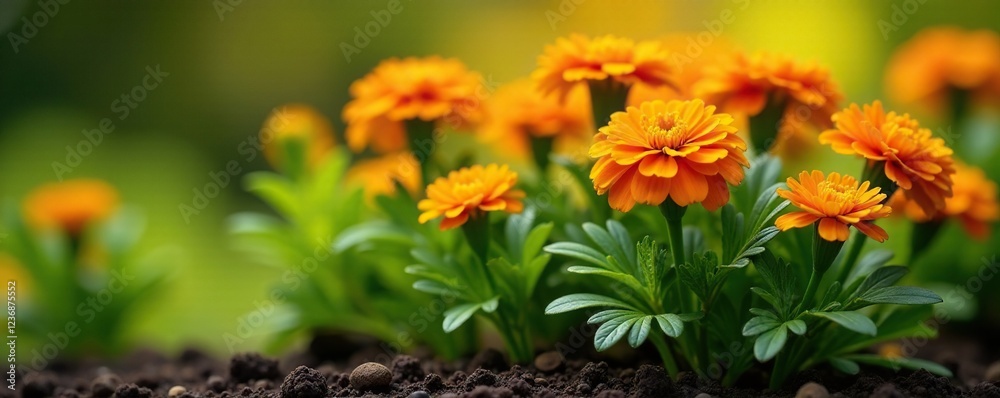 Marigolds nestled among tender shoots and stems, plant life, stems, foliage Marigolds nestled among tender shoots and stems, plant life, stems, foliage