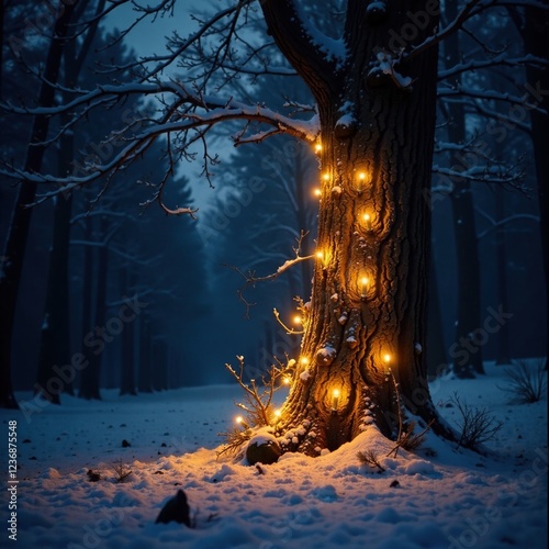 Eine Lichterkette um einen alten, verfallenen Baum gewickelt, weihnachten, wald, nadelbaum photo