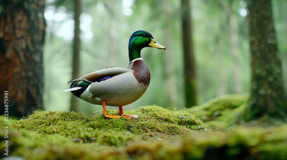 Obraz premium Vibrant Mallard Duck Standing on Mossy Ground in Serene Forest Setting