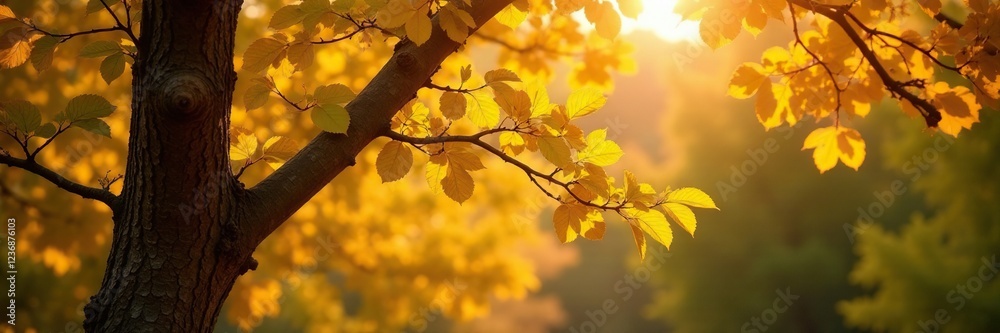 Obraz premium Golden light filters through the branches of a walnut tree with yellow leaves, deciduous trees, nature, tree branches