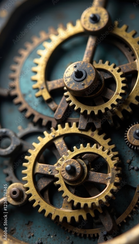 Close-up view, weathered clock gears, intricate detail , worn, cogs, texture Close-up view, weathered clock gears, intricate detail , worn, cogs, texture