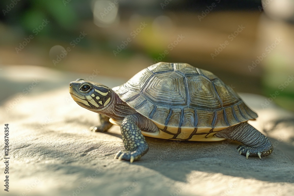 A graceful turtle taking deliberate steps on a sandy beach beneath a clear blue sky A graceful turtle taking deliberate steps on a sandy beach beneath a clear blue sky