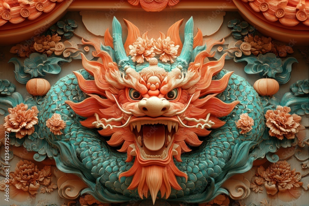 Fototapeta premium Ornate Dragon Relief, Temple Facade, Asian Culture, Religious Art, Background Floral Design.