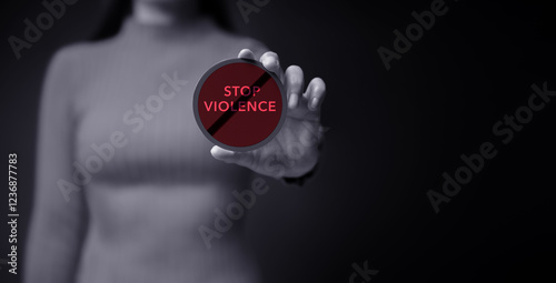 Protest and Expression Concept. Young Women Raised a Word of Stop Violence.  Front View and Dark Dramatic tone photo