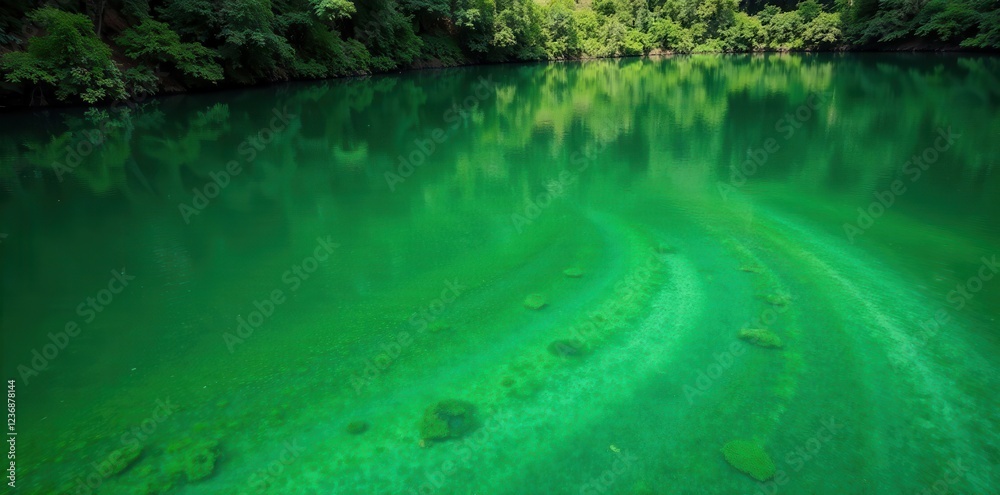 Emerald green algae bloom swirls on pristine lake surface, reflecting lush forest , fresh, vibrant, algae bloom Emerald green algae bloom swirls on pristine lake surface, reflecting lush forest , fresh, vibrant, algae bloom