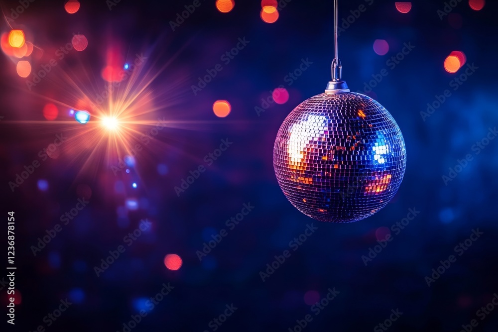 Obraz premium Vibrant disco ball illuminates dark space, perfect for music event banner with text area