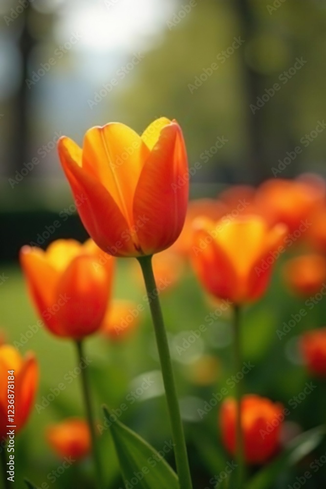 Fototapeta premium Orange tulip blooms in a flowerbed with other flowers, bloom, orange, nature