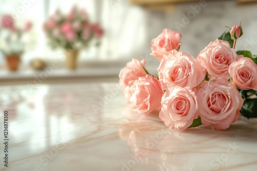 Elegant pink roses arrangement cozy kitchen floral photography bright interior close-up nature's beauty