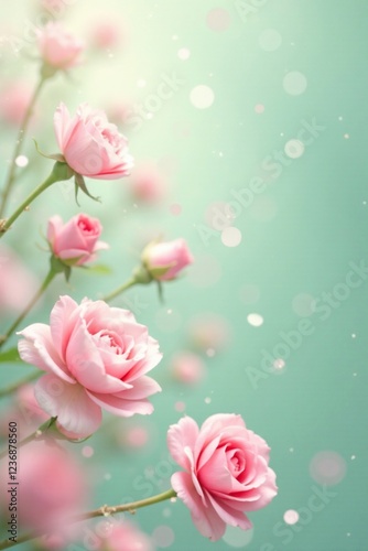 Delicate rose pink circles on a pastel green background with shimmering effects, ethereal, pastel green