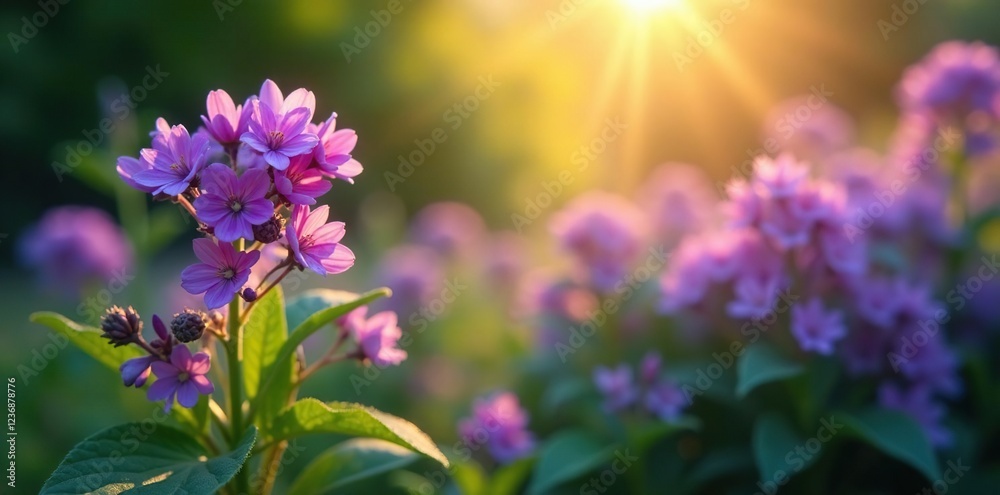 Obraz premium stunning clusters of small purple flowers emit a radiant glow in sunlight filtering through leaves, radiant, glowing