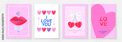 Set of Valentine's Day cards in a minimalist design with hearts, lips and  bow on a pink background.	
