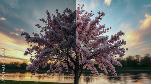 Two different views of a tree with pink blossoms. The tree is in a park near a body of water. The sky is blue and the sun is setting
