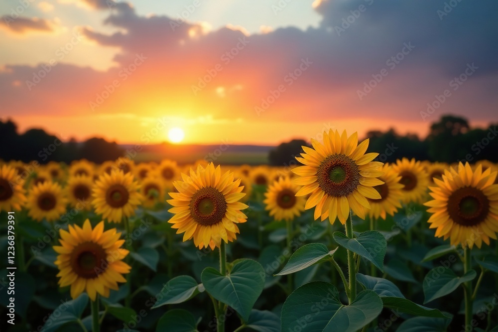 Fototapeta premium Sunflower field at dusk with a serene atmosphere, calm, sunset, dusk