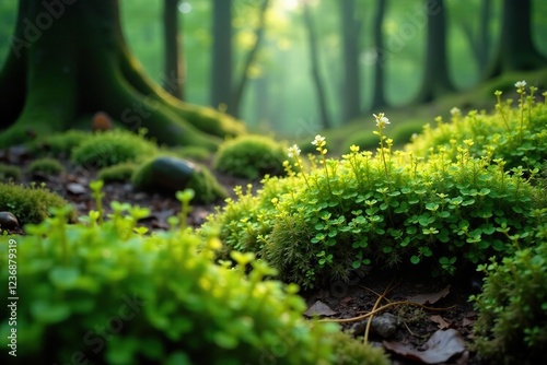 Overgrown with wild moss and Pilea microphylla, forest ecosystem, wilderness, plant growth photo