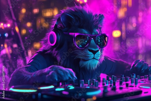 Surreal dj lion in sunglasses and headphones mixing music at neon lit booth for nightlife vibes